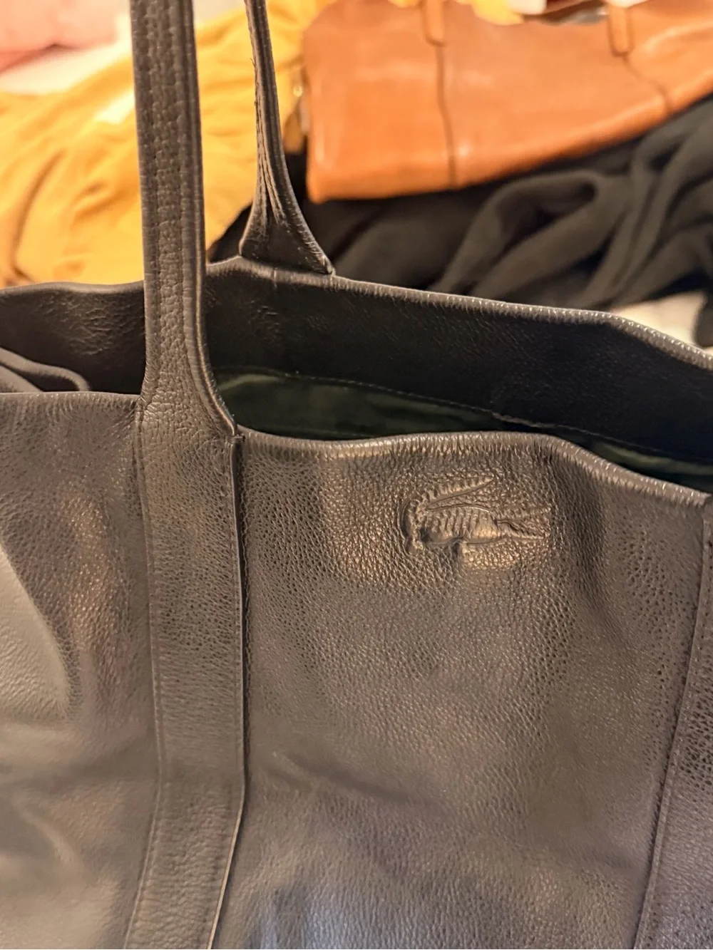 Lacoste Black Pebbled Leather Laptop Tote